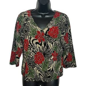 VINTAGE 90s Y2K MIRASOL ANIMAL PRINT KNIT TOP COLORFUL TEXTURED FLORAL BOHO SZ L